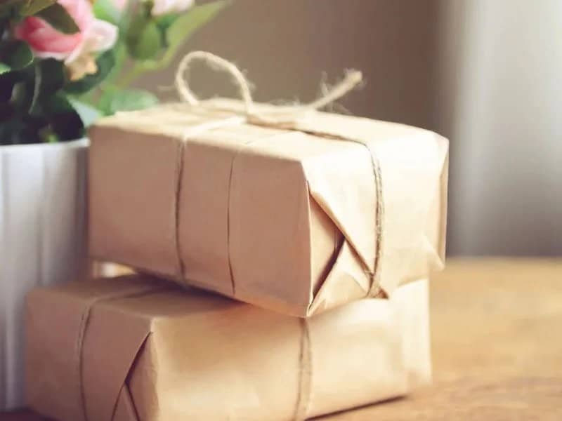 couple of packages wrapped in brown paper beside a pot of flowers