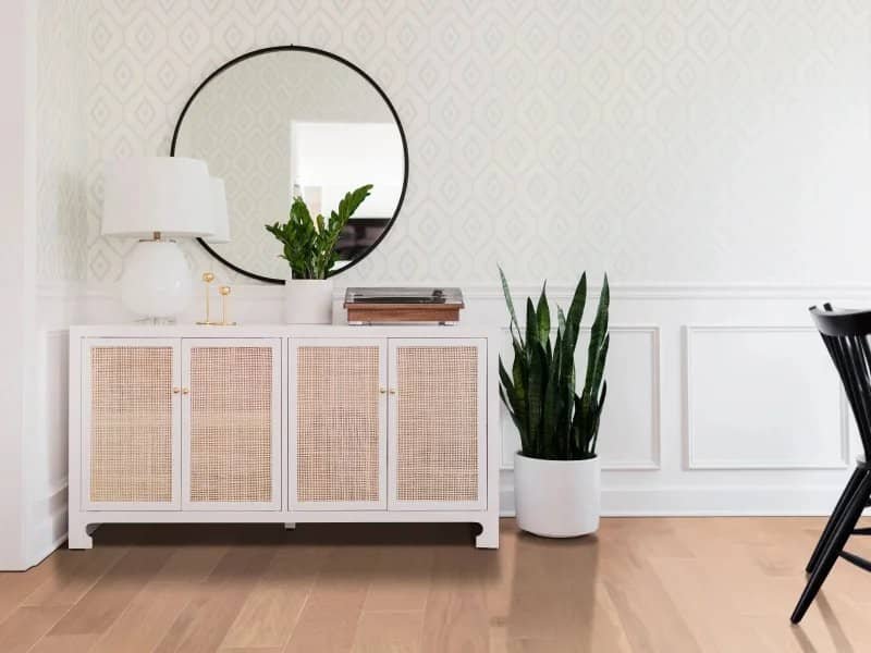 plant sitting on laminate floors beside a white sideboard with wicker panels